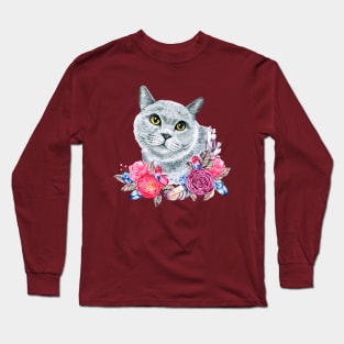 Cute Russian Blue Cat with Roses Watercolor Art Long Sleeve T-Shirt